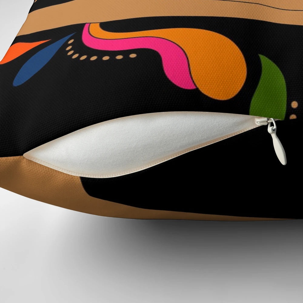 Colorful retro-style pillow featuring a psychedelic record player design