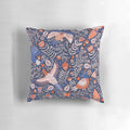 A throw pillow featuring a vibrant, patterned design of Swedish folk art birds against a dark blue background.