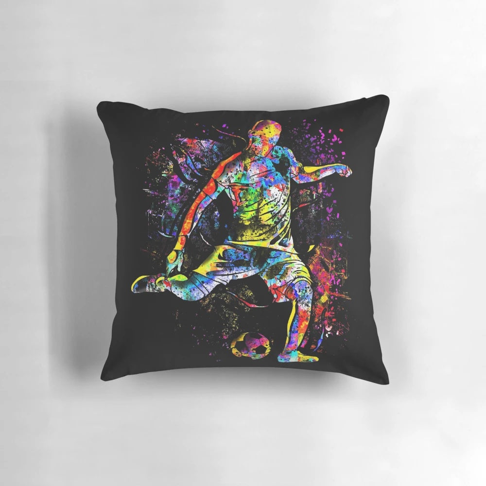 Vibrant and colorful soccer player pillow perfect for sports fans and home decor