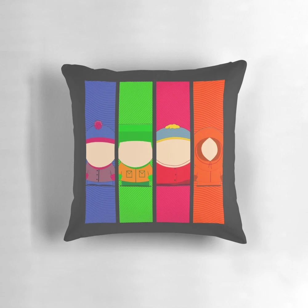 Vibrant decorative pillow featuring the iconic characters from the hit Comedy Central series South Park.