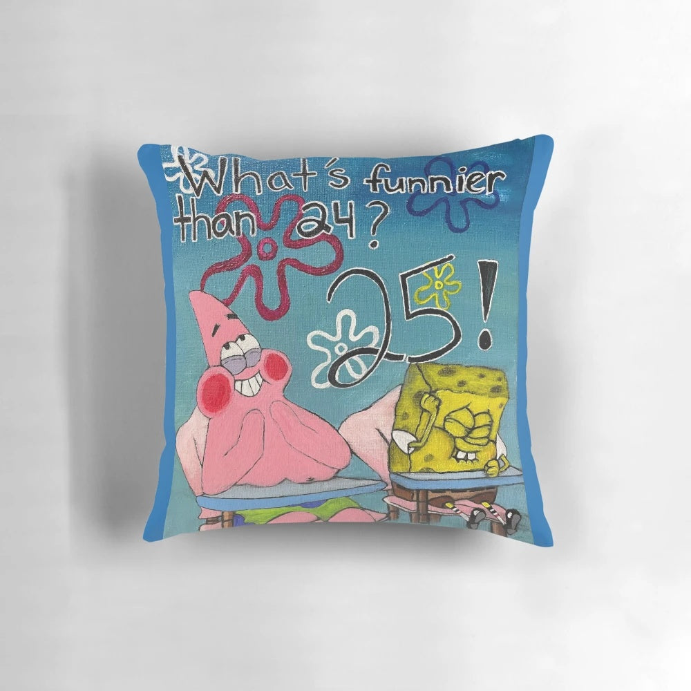 Colorful spongebob-themed throw pillow with a humorous design