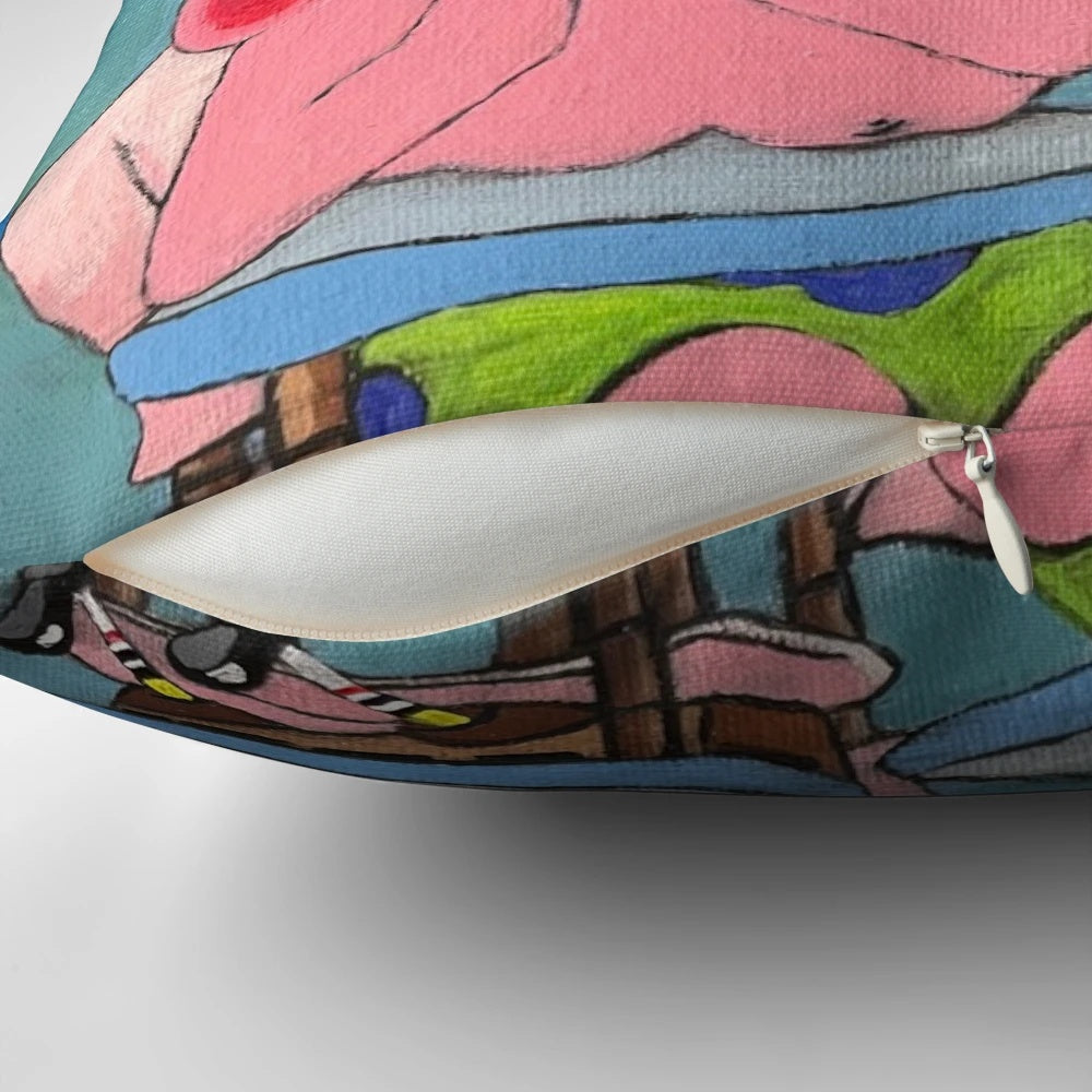 Colorful spongebob-themed throw pillow with a humorous design
