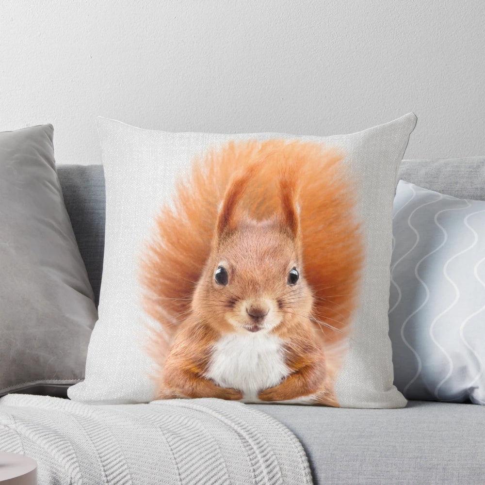 Vibrant, whimsical pillow featuring a colorful squirrel design, perfect for children's spaces.