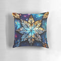 Colorful stained glass Christmas snowflake print on a soft, cozy pillow