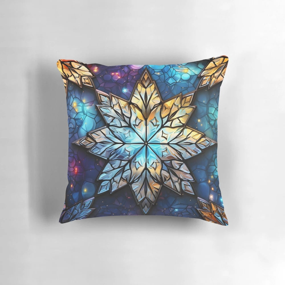 Colorful stained glass Christmas snowflake print on a soft, cozy pillow