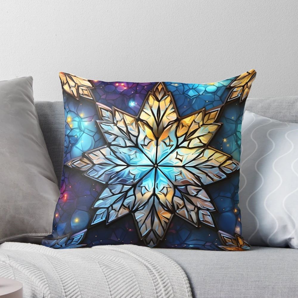 Colorful stained glass Christmas snowflake print on a soft, cozy pillow