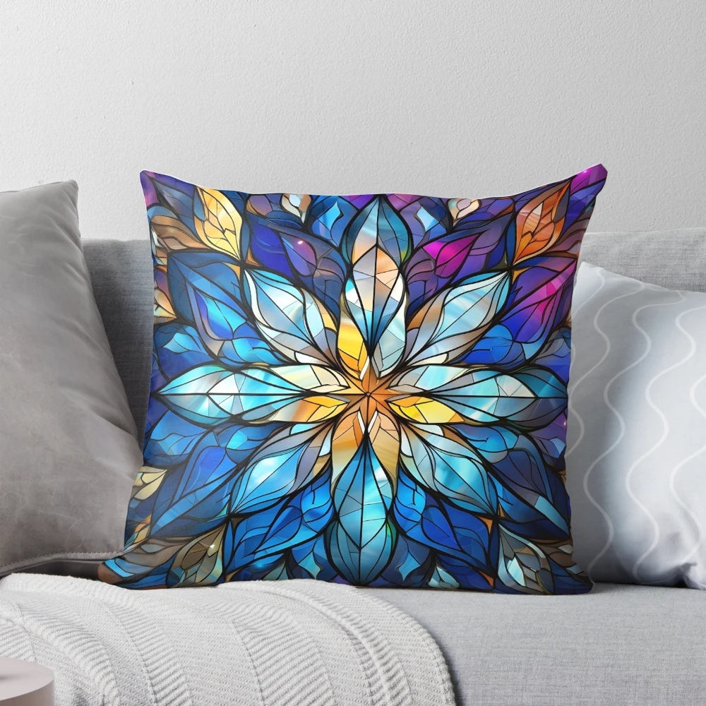 Colorful stained glass Christmas snowflake print on a plush pillow