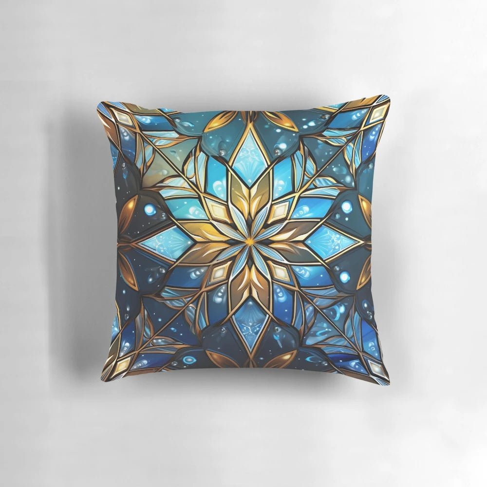 Colorful stained glass Christmas snowflake print pillow, a festive home accent for the holiday season.