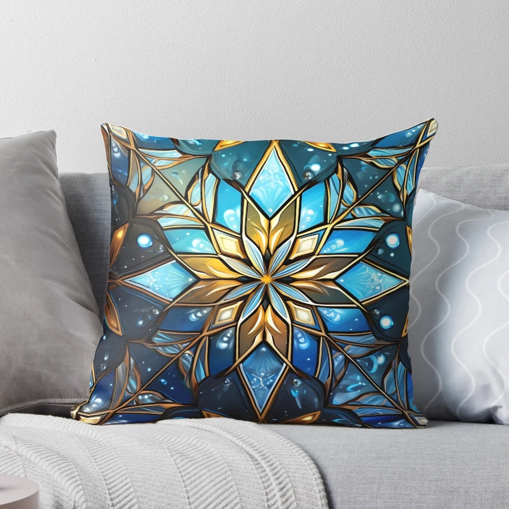 Colorful stained glass Christmas snowflake print pillow, a festive home accent for the holiday season.