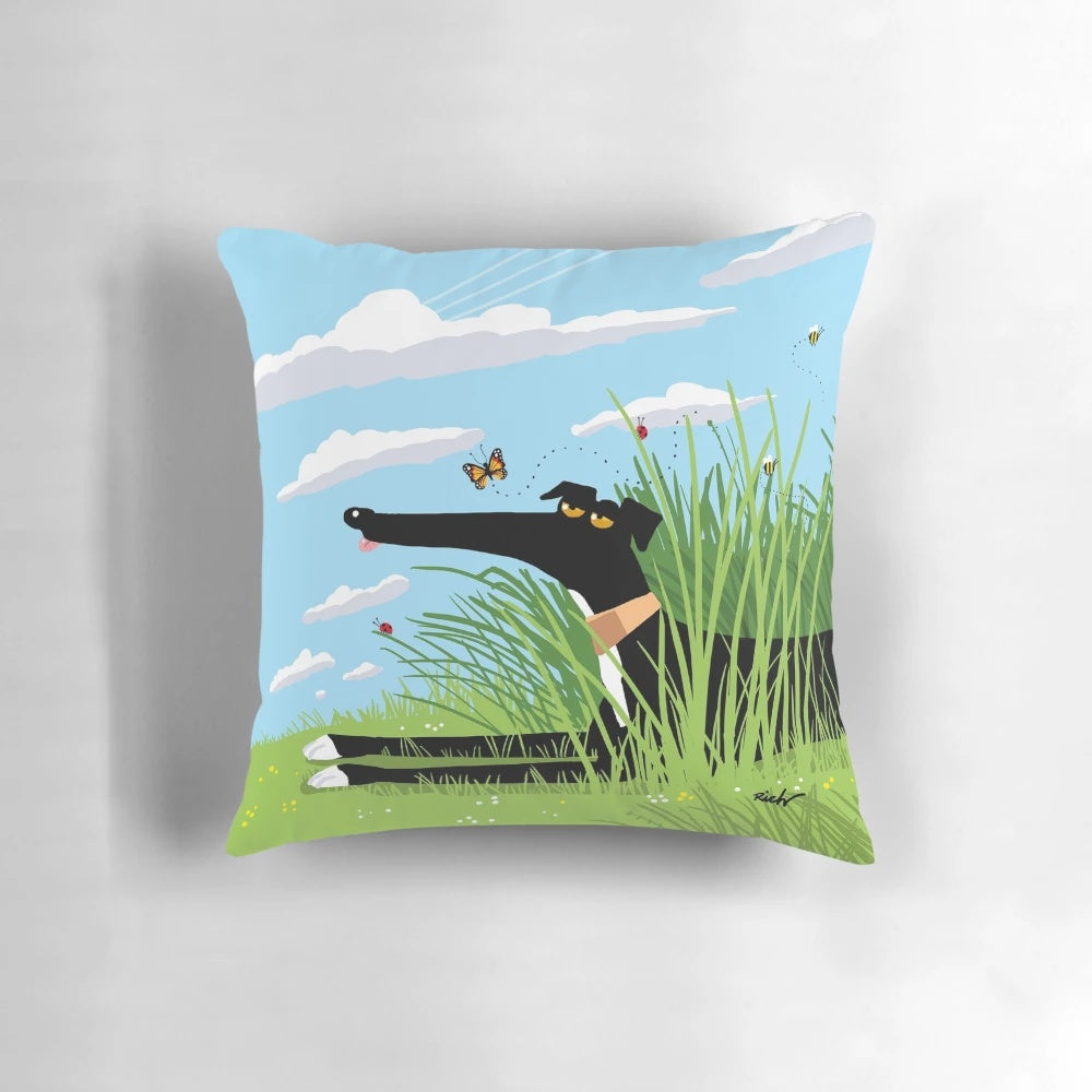 Vibrant summer-themed pillow design featuring a cartoon sighthound dog