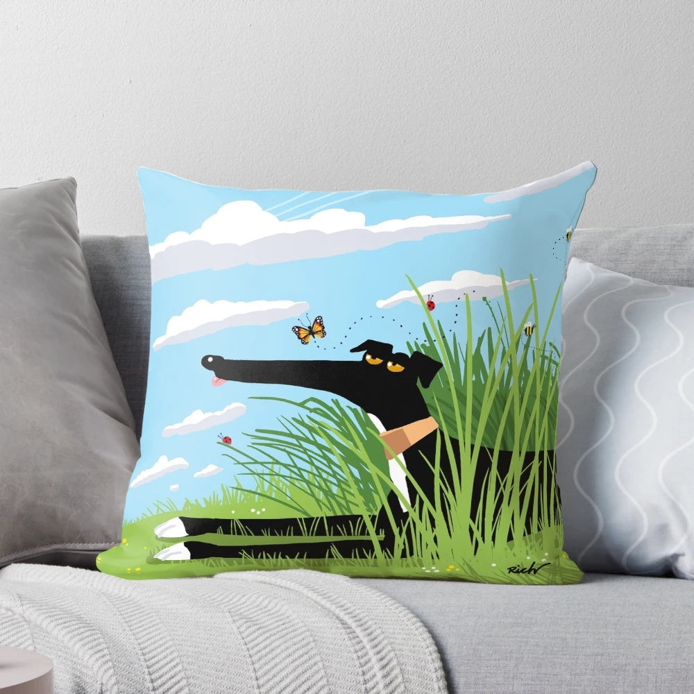 Vibrant summer-themed pillow design featuring a cartoon sighthound dog
