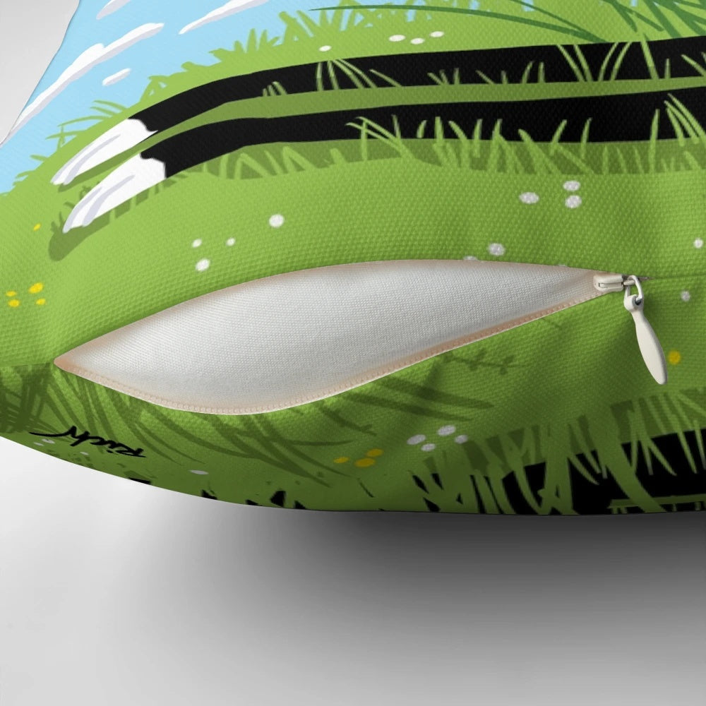 Vibrant summer-themed pillow design featuring a cartoon sighthound dog