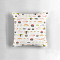 Vibrant sushi-inspired pattern printed on a soft, white pillow