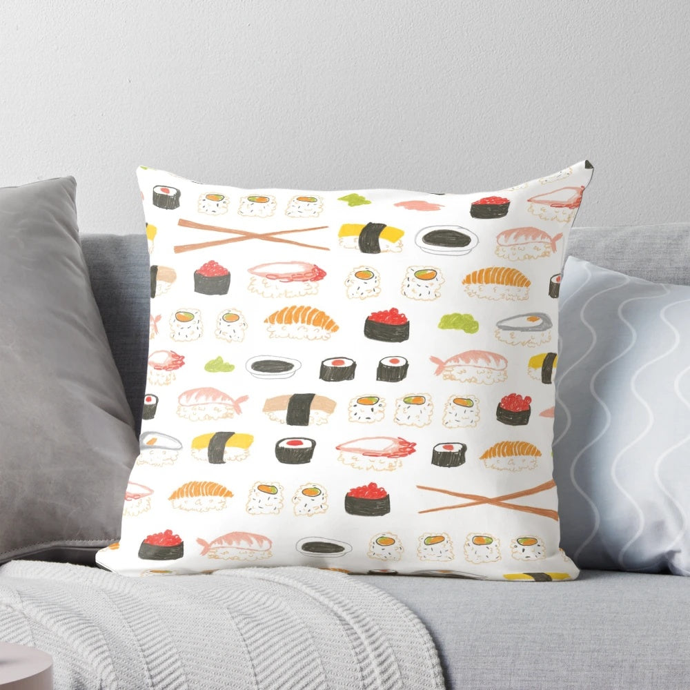 Vibrant sushi-inspired pattern printed on a soft, white pillow