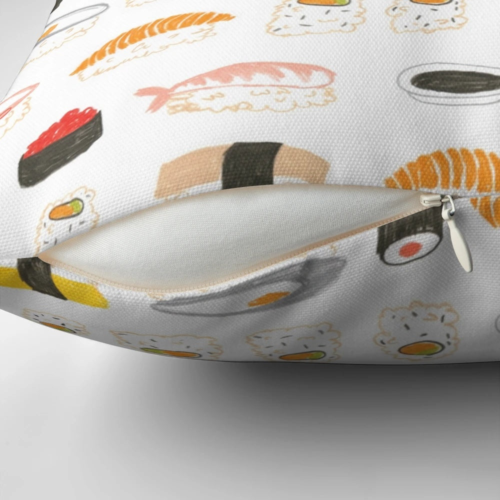 Vibrant sushi-inspired pattern printed on a soft, white pillow