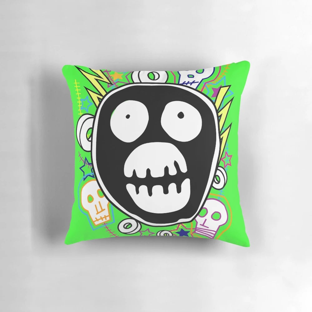 Vibrant "The Mighty Boosh" logo printed on a soft, plush decorative pillow