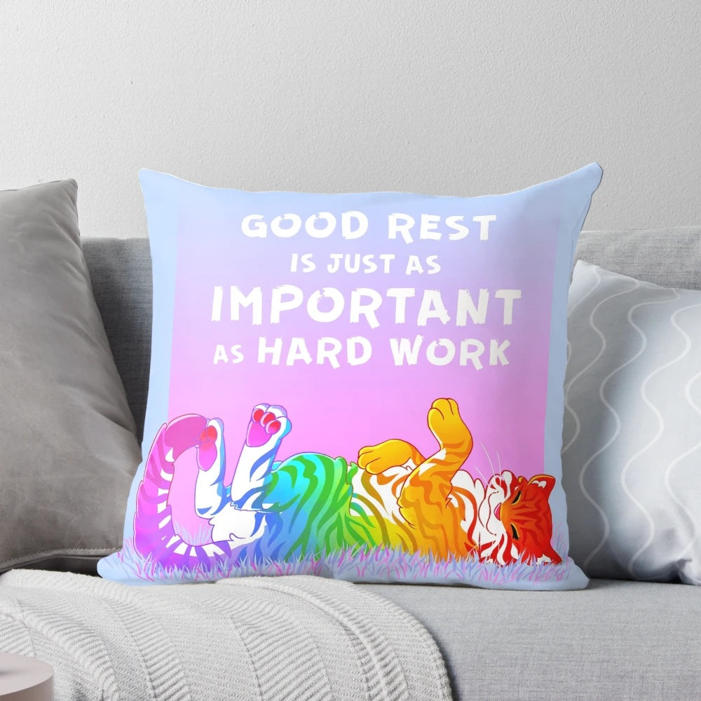 Vibrant rainbow-colored tiger face print pillow with text "Good Rest is Just as Important as Hard Work"