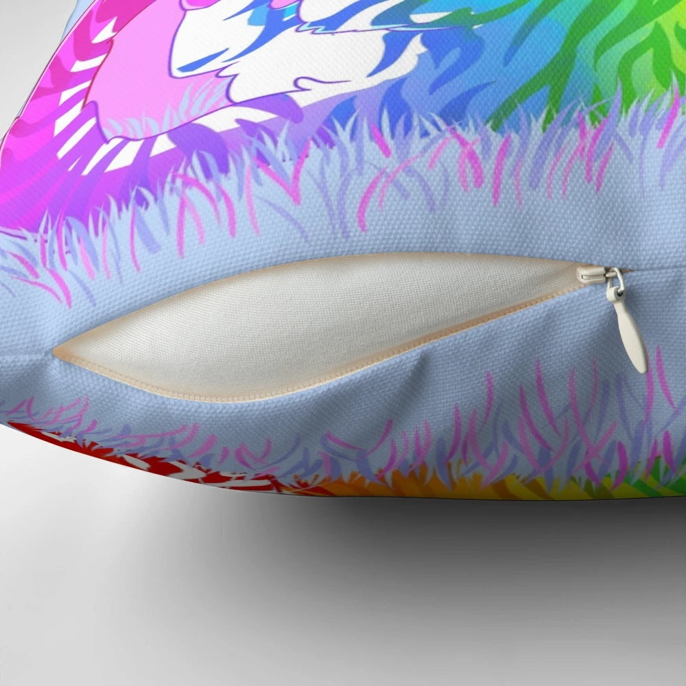 Vibrant rainbow-colored tiger face print pillow with text "Good Rest is Just as Important as Hard Work"