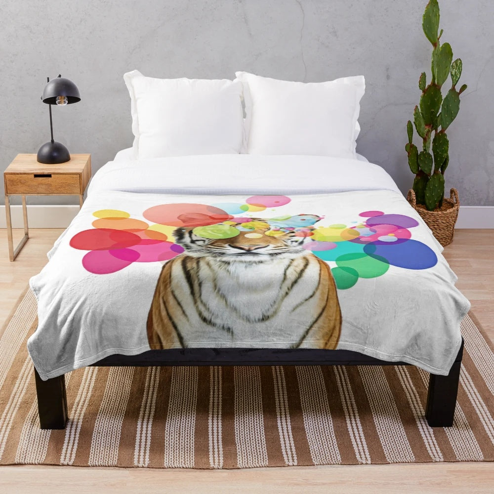 Vibrant tiger pop art design on a cozy plush blanket