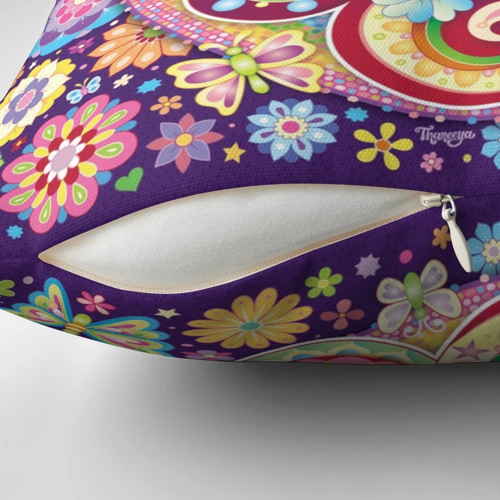 Vibrant, detailed unicorn art with rainbow colors, flowers, and butterflies printed on a soft, comfortable pillow.