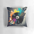 Vibrant, multicolored vinyl record pattern designed pillow with a retro record player motif.