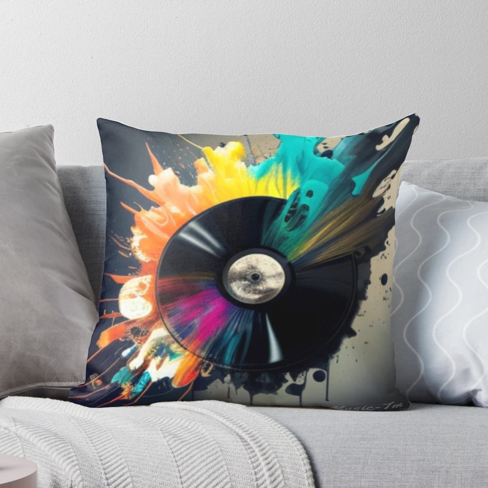 Vibrant, multicolored vinyl record pattern designed pillow with a retro record player motif.