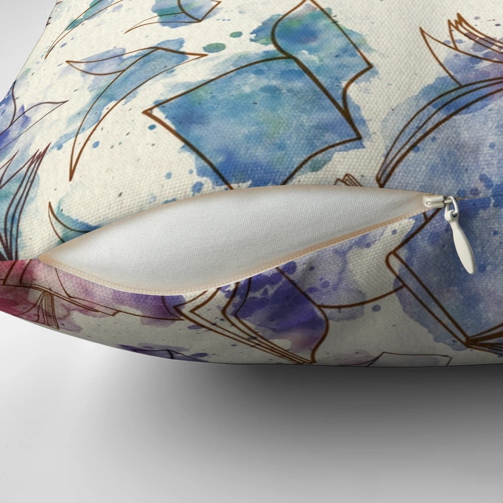 Colorful watercolor book-themed decorative pillow