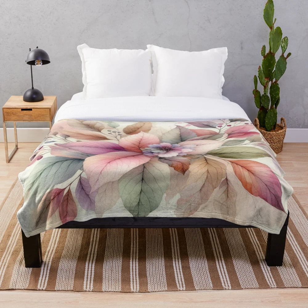 Colorful watercolor leaves plush blanket with pastel colors