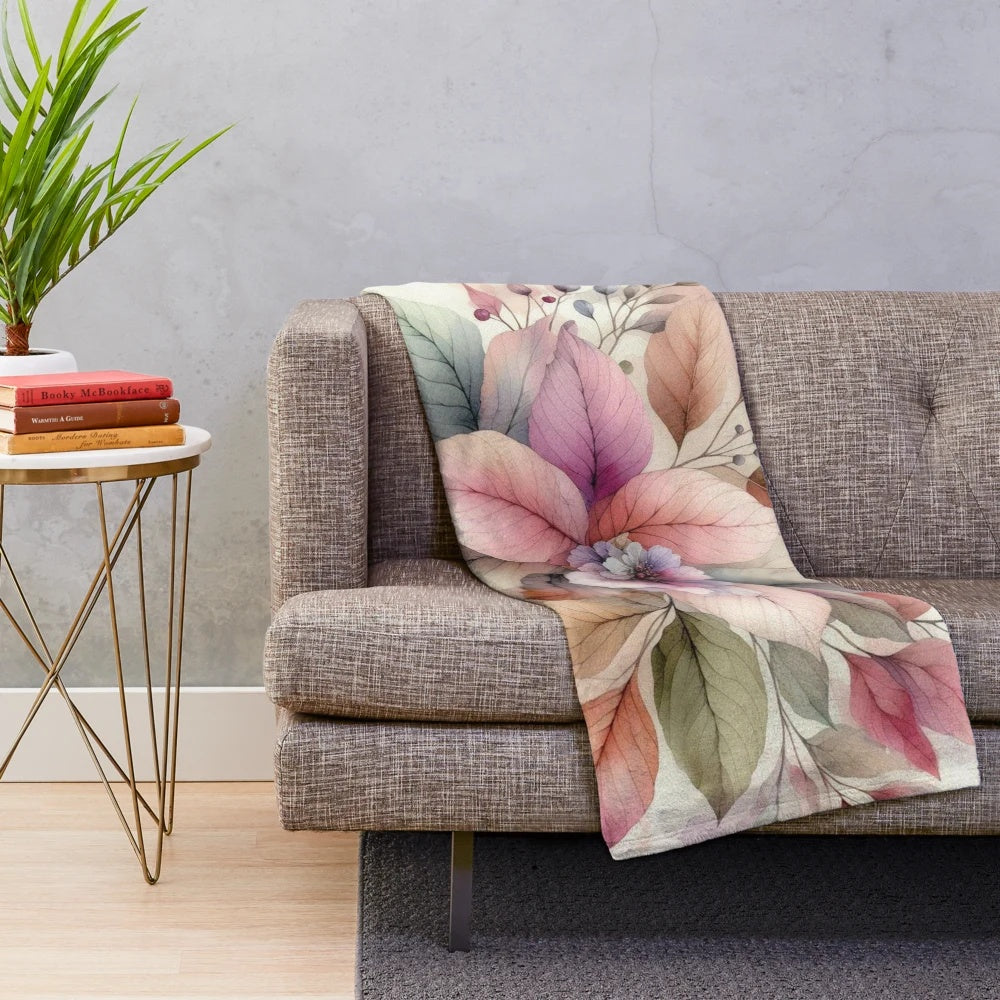 Colorful watercolor leaves plush blanket with pastel colors