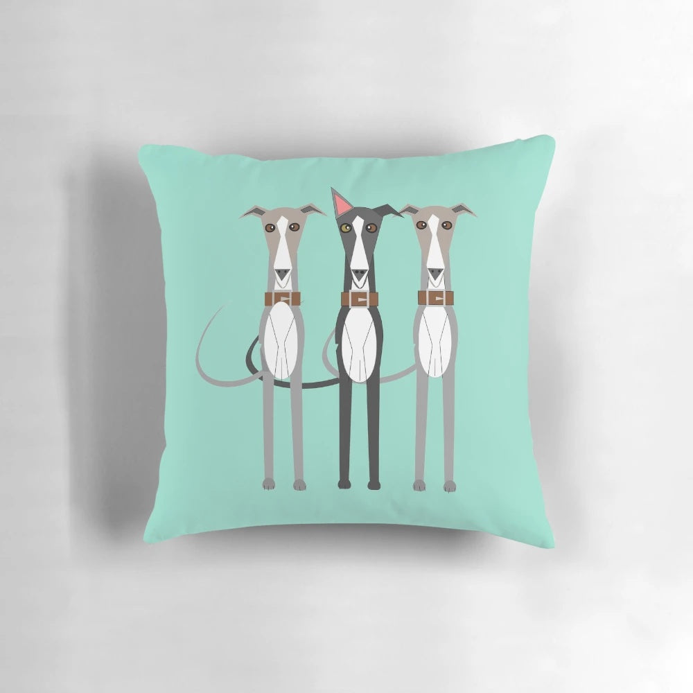 Vibrant illustration of three cartoon whippet dogs on a decorative throw pillow