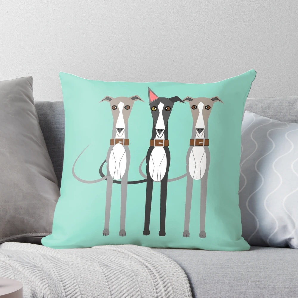Vibrant illustration of three cartoon whippet dogs on a decorative throw pillow