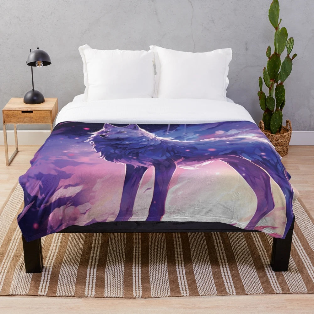 Colorful wolf plush blanket with abstract, fantasy design