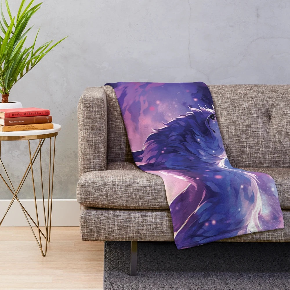 Colorful wolf plush blanket with abstract, fantasy design