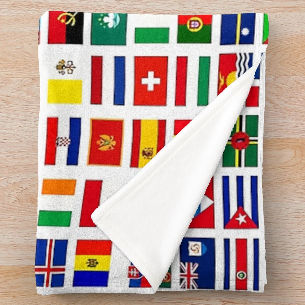 Colorful plush blanket featuring the flags of the world
