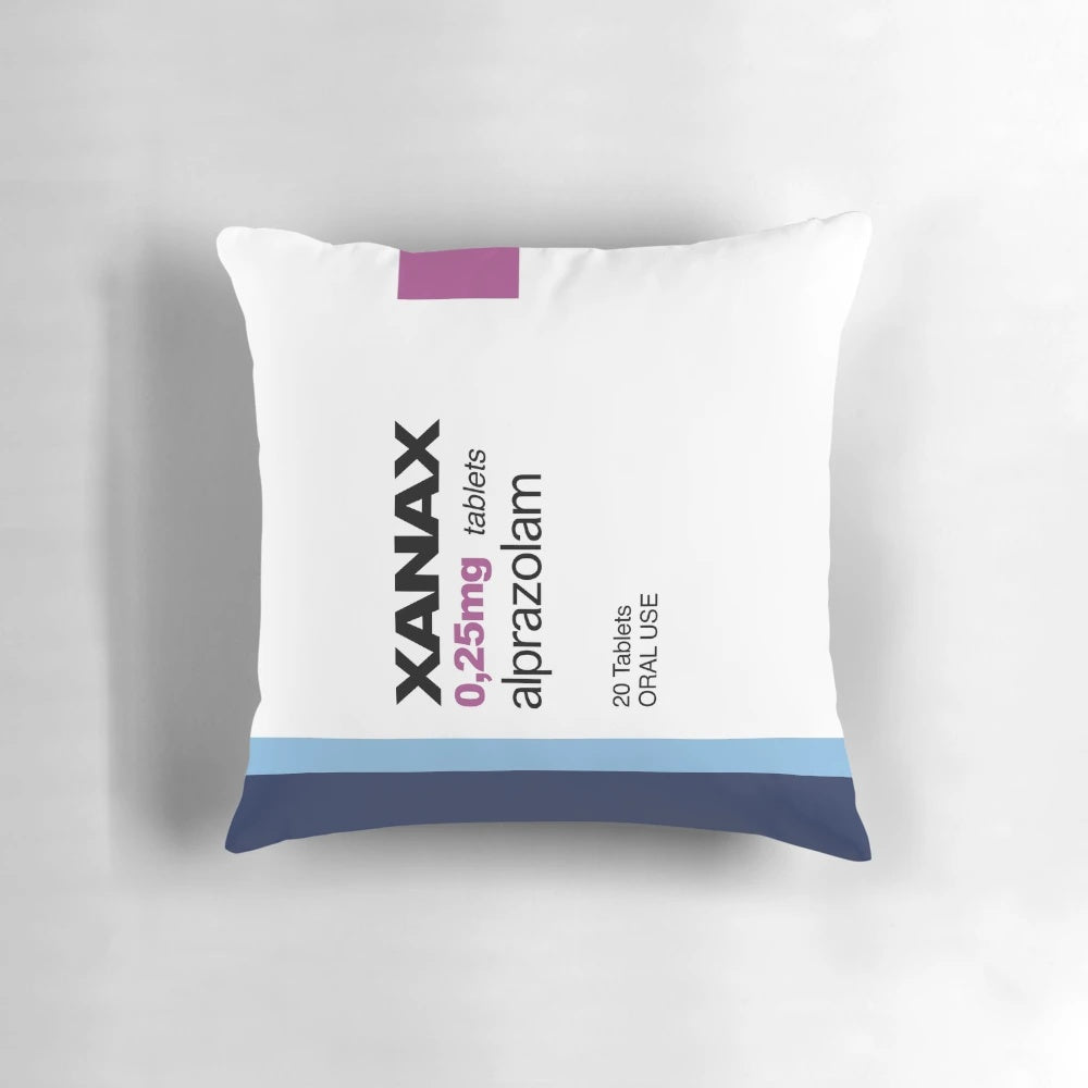 Colorful, retro-style pillow with Xanax-inspired design and rainbow colors