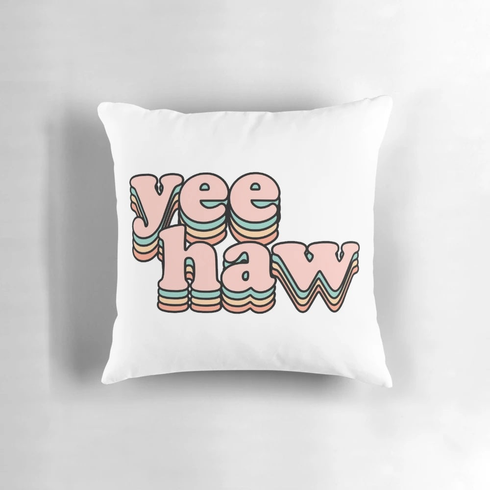 Vibrant "Yee Haw" themed pillow with country music references