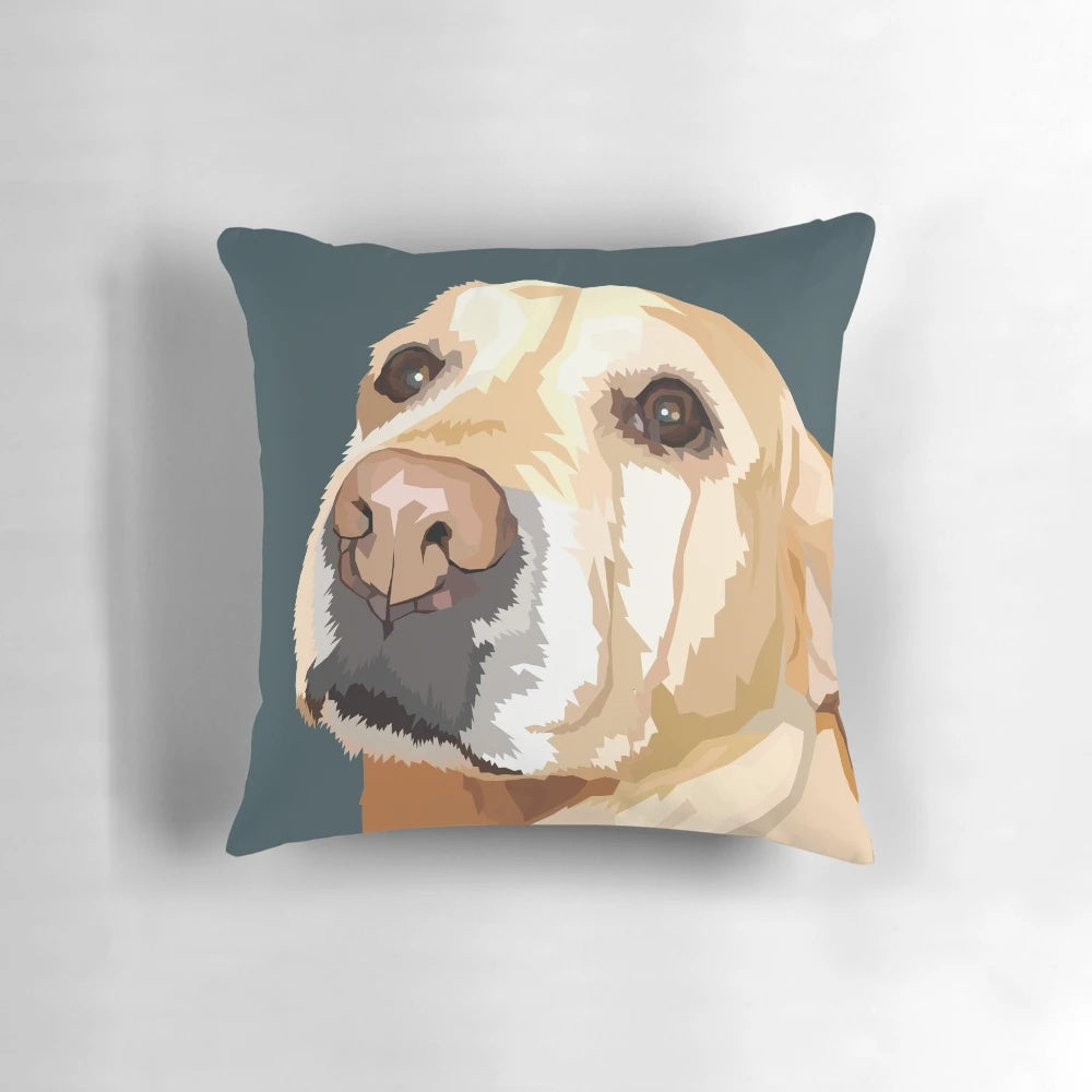 A vibrant yellow labrador retriever digital art illustration used as a pillow design.