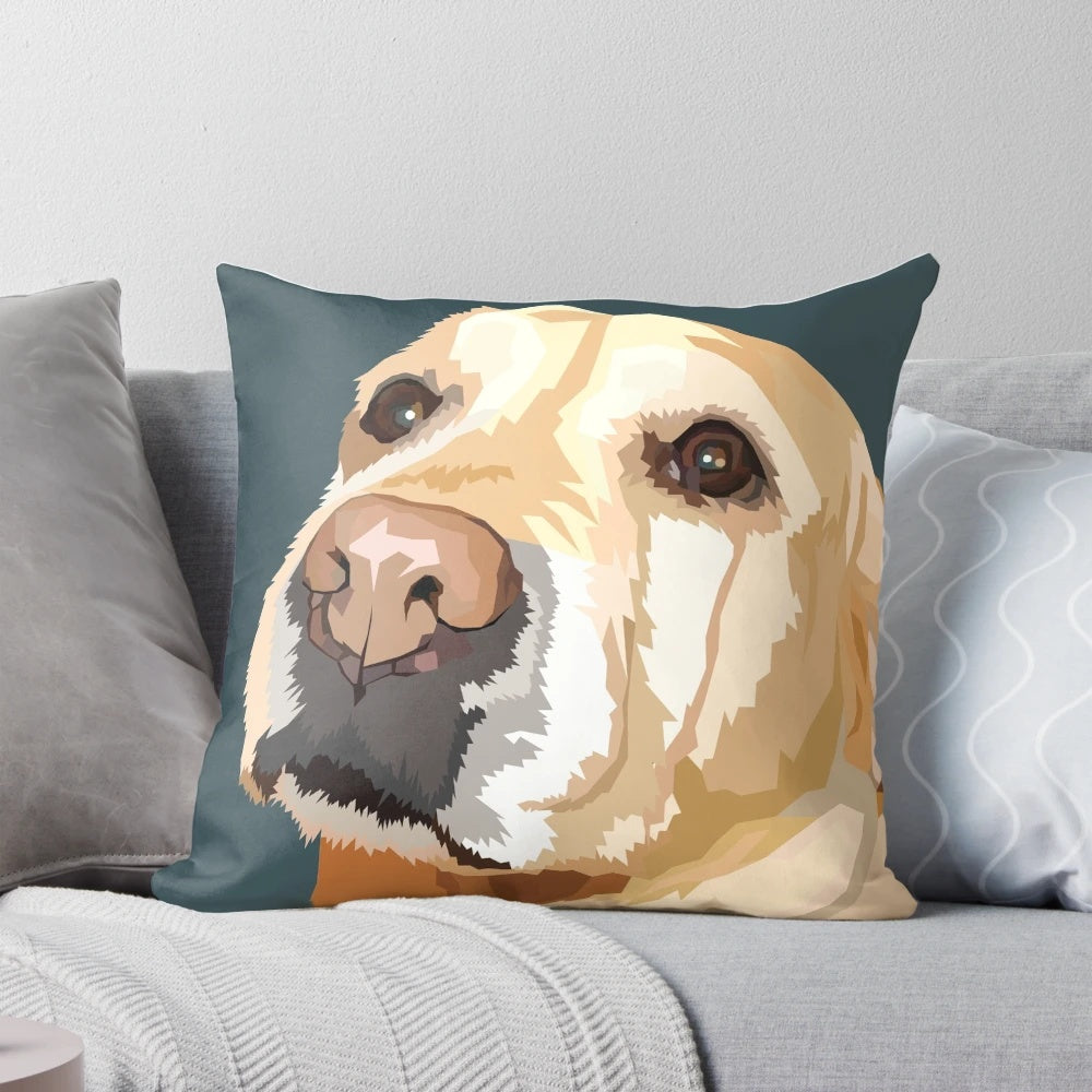 A vibrant yellow labrador retriever digital art illustration used as a pillow design.