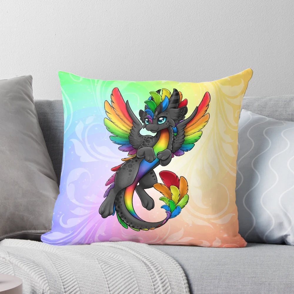 Vibrant dragon-themed throw pillow in black and rainbow colors, perfect for zen-inspired home decor.