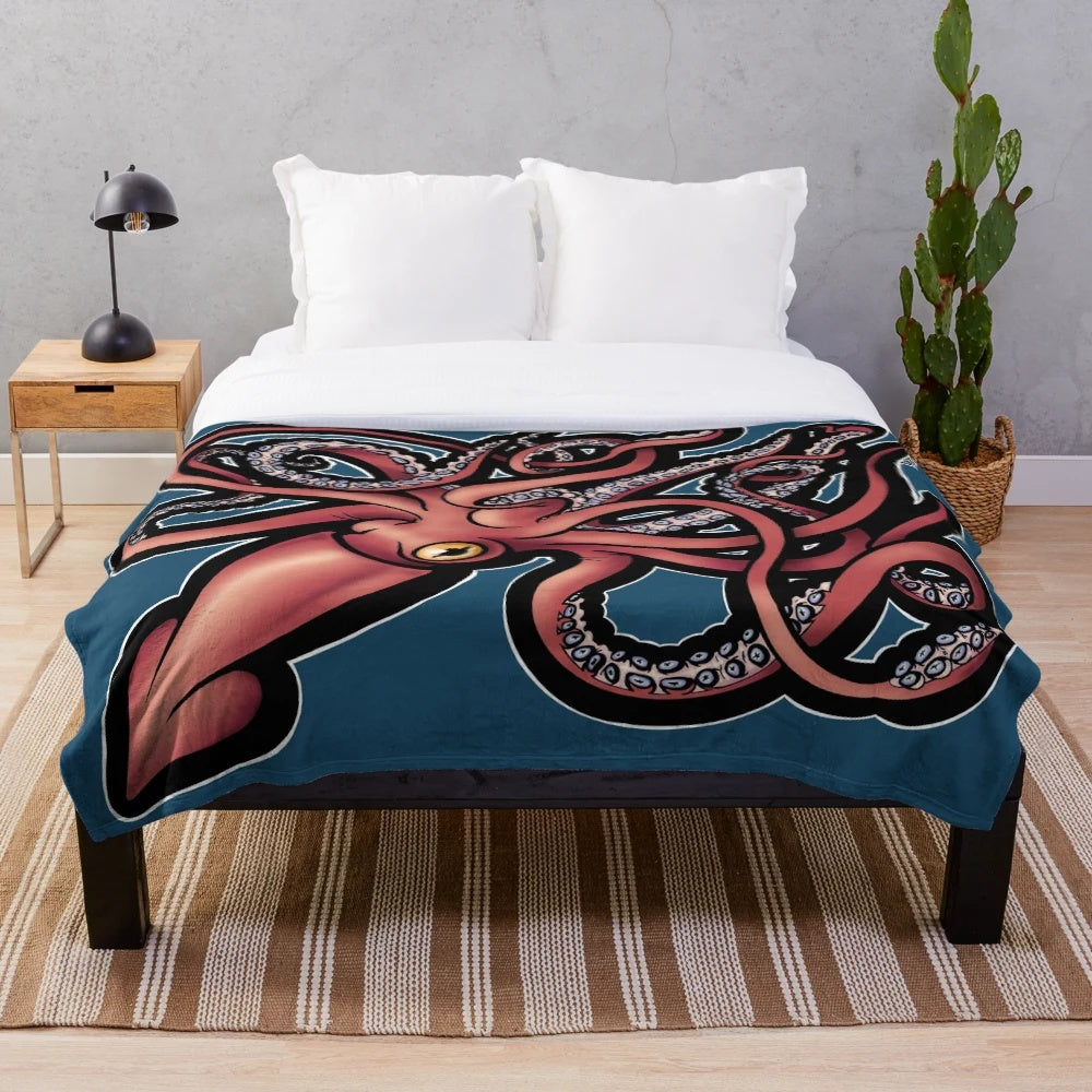 Vibrant red giant squid Architeuthis plush throw blanket