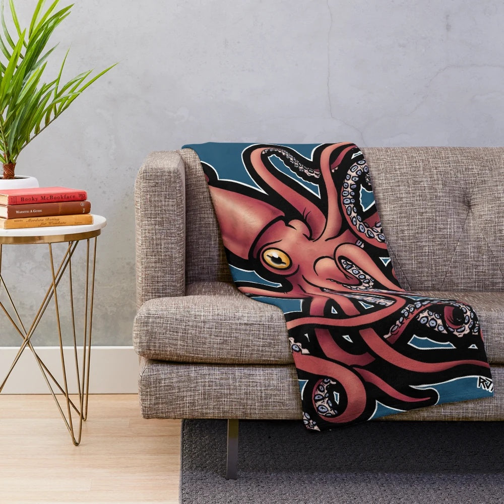 Vibrant red giant squid Architeuthis plush throw blanket