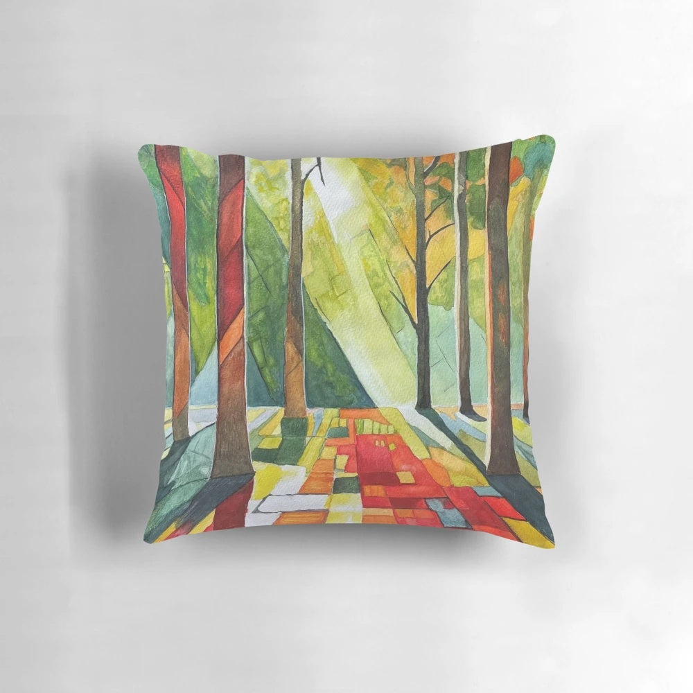 Vibrant abstract watercolor painting of a sun-dappled forest landscape featured on a decorative throw pillow.