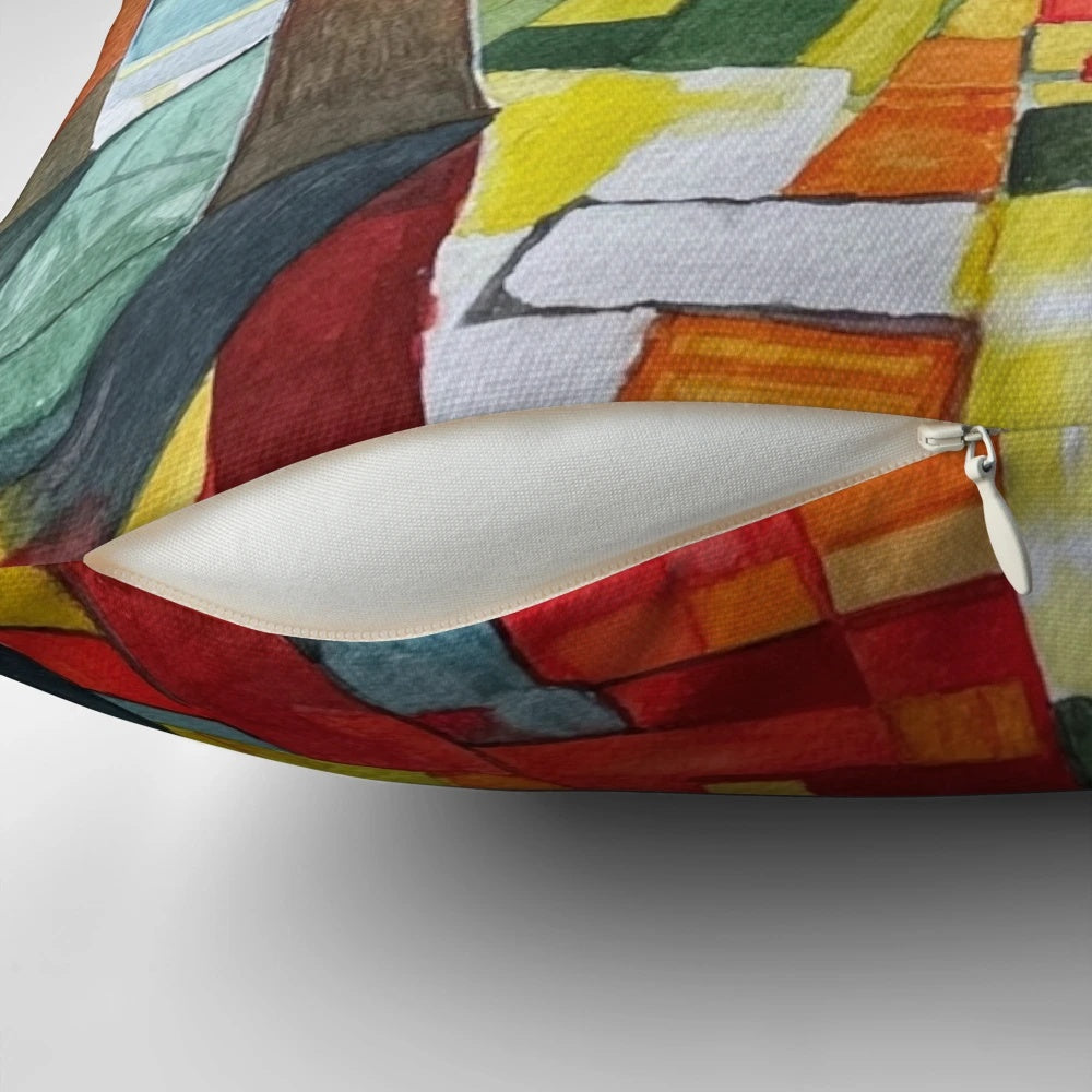 Vibrant abstract watercolor painting of a sun-dappled forest landscape featured on a decorative throw pillow.