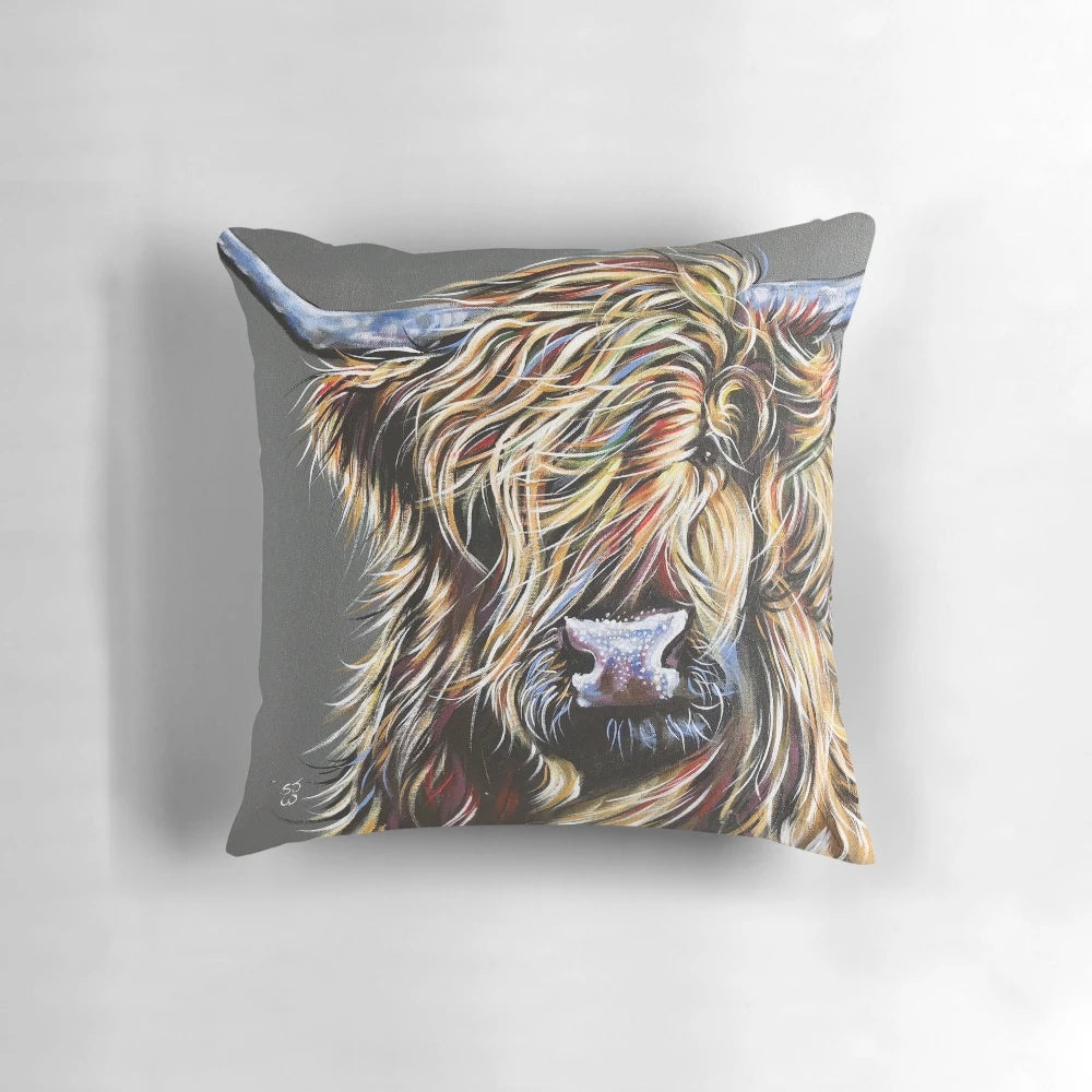 Colourful highland cow printed on a plush decorative pillow with a soft, cozy texture.
