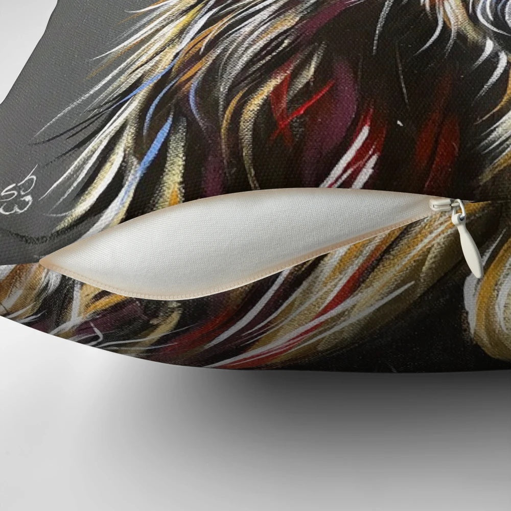 Colourful highland cow printed on a plush decorative pillow with a soft, cozy texture.