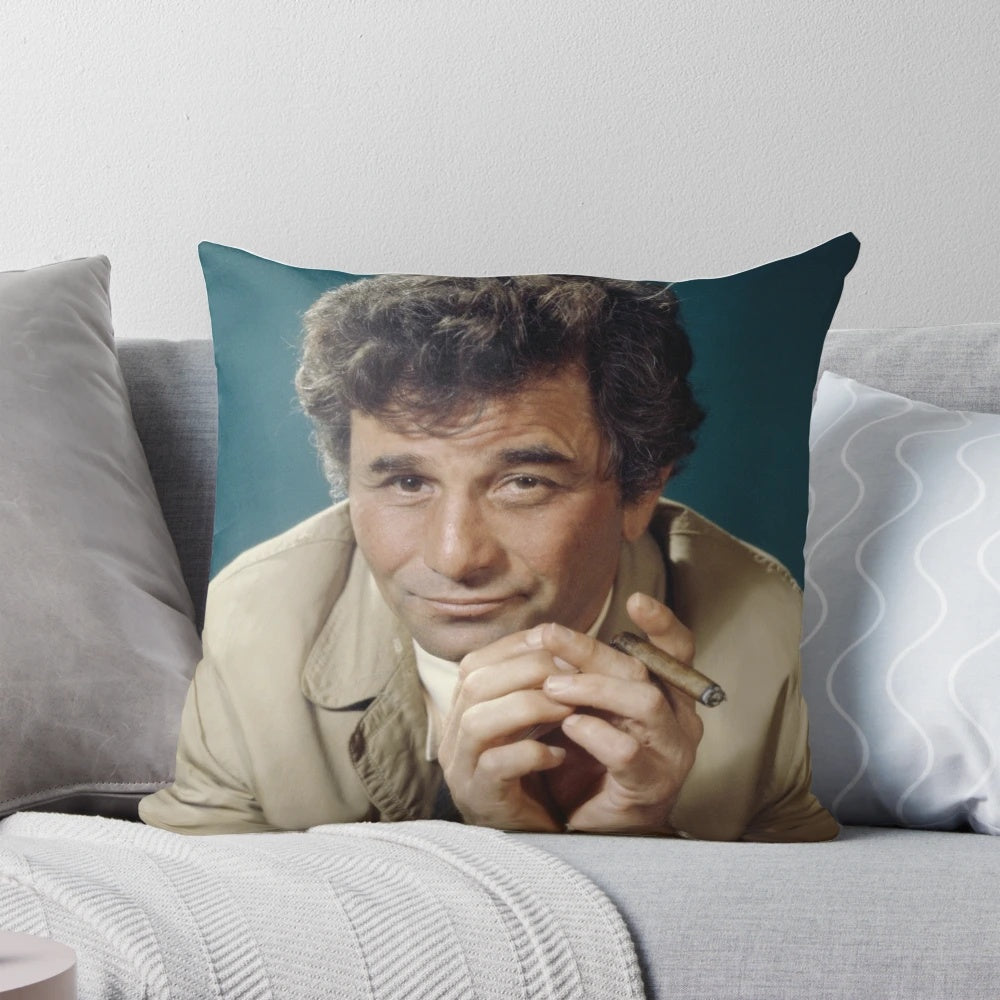 Columbo-themed decorative pillow with the iconic detective's silhouette