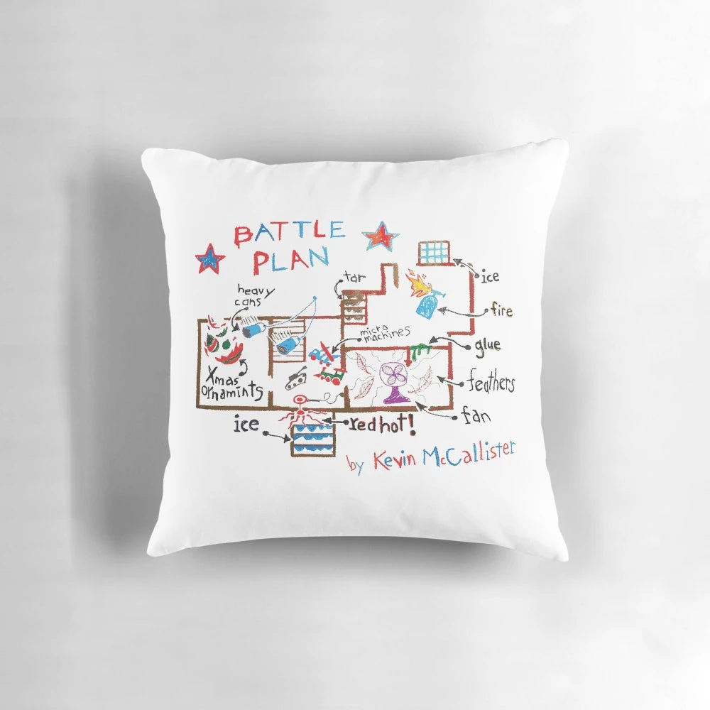 Whimsical "Home Alone" inspired pillow featuring Kevin McCallister's battle plan