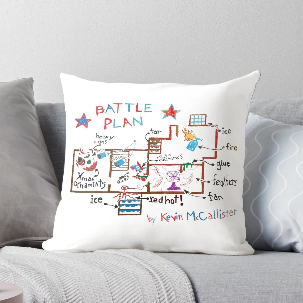 Whimsical "Home Alone" inspired pillow featuring Kevin McCallister's battle plan