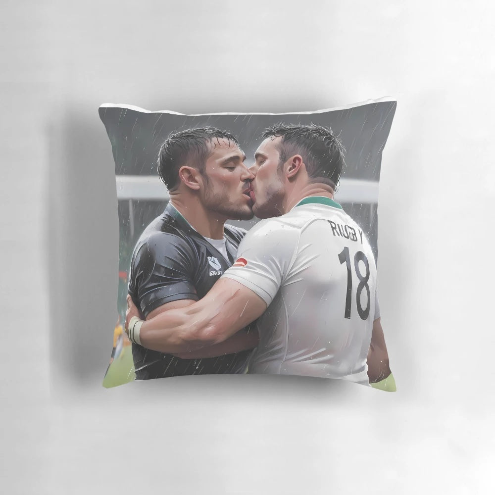 Fluffy white pillow with the text "Try Pillow" on it, representing a cozy and inclusive product for LGBTQIA+ rugby enthusiasts.