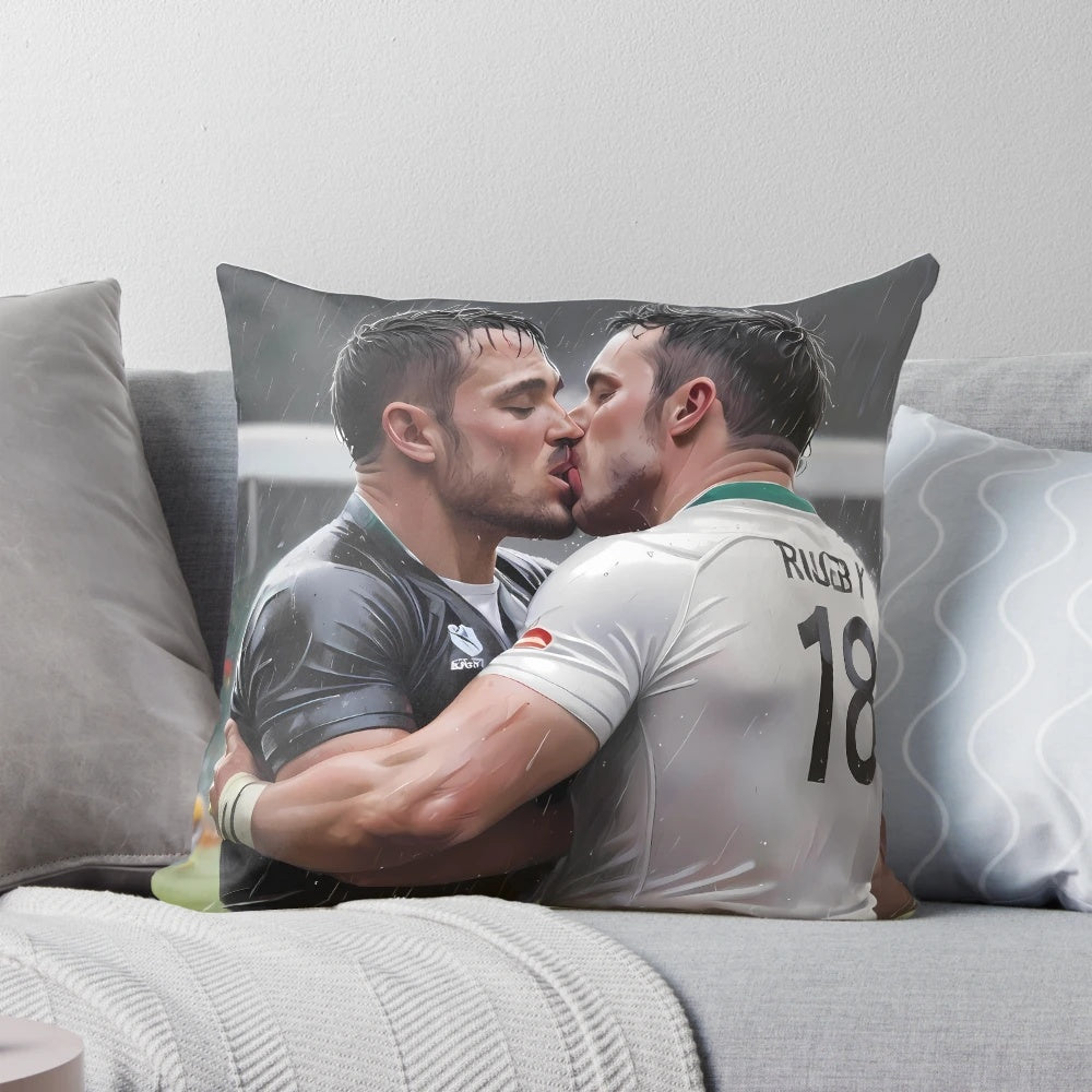 Fluffy white pillow with the text "Try Pillow" on it, representing a cozy and inclusive product for LGBTQIA+ rugby enthusiasts.